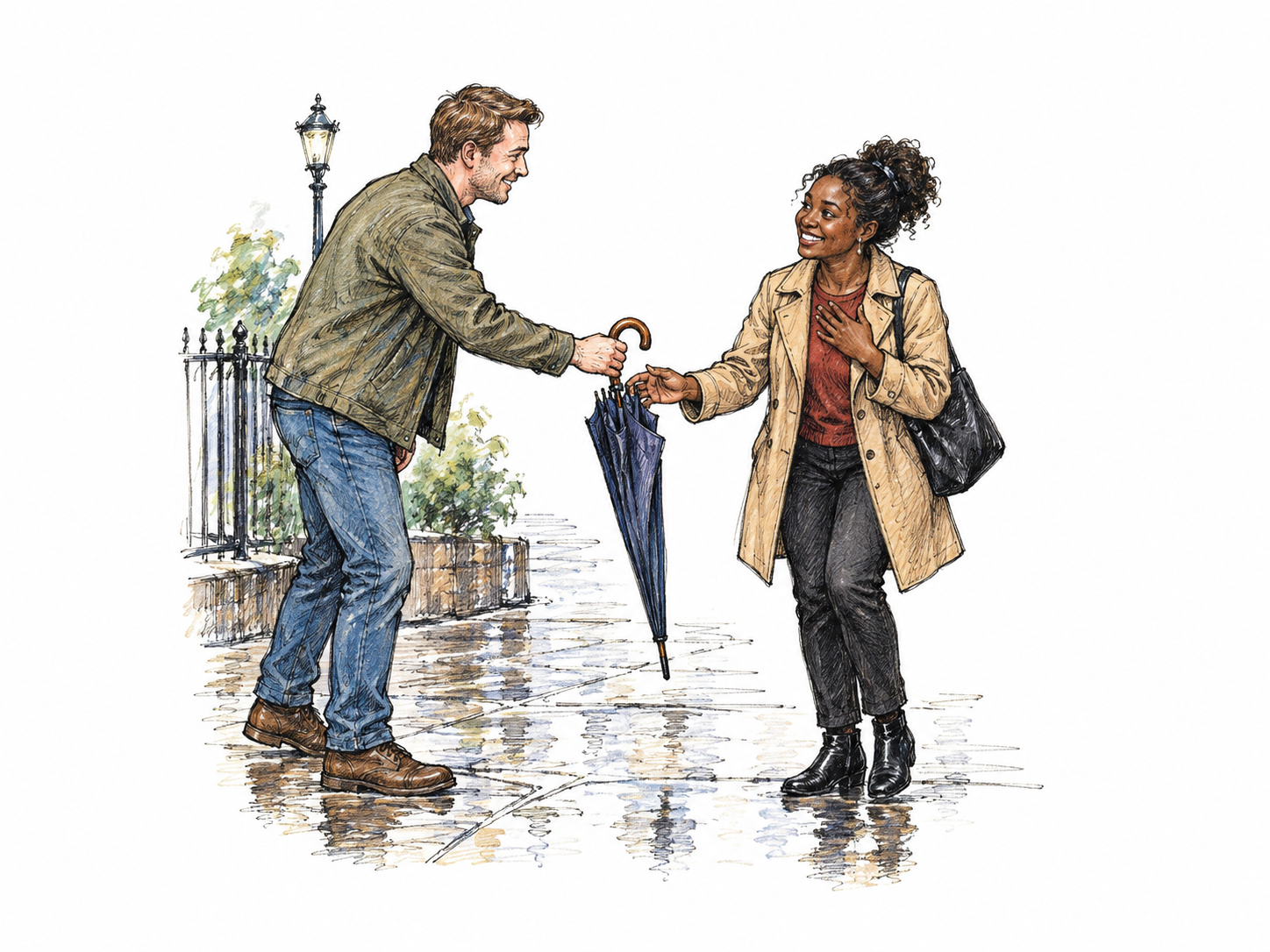 A small act of kindness engenders shared warmth: person offers a dropped umbrella back to stranger, recipient smiles gratefully, moment giving rise to gratitude clear.