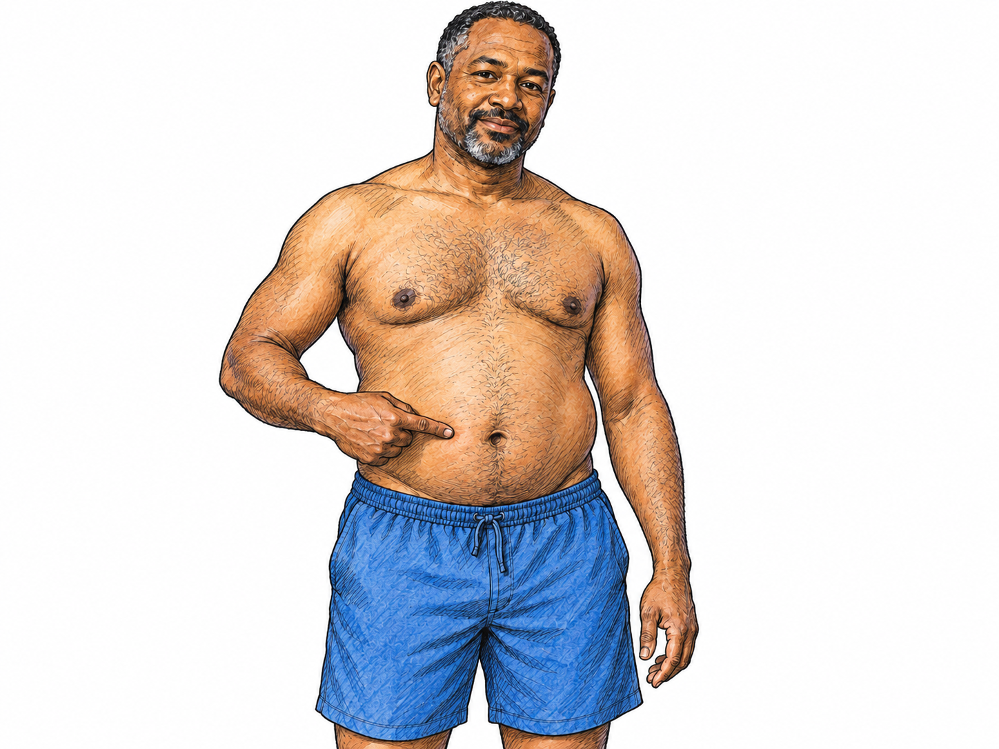 A straightforward front three-quarter view of a bare-chested adult man pointing to his exposed abdomen below the chest and above the waistband, making the belly the unmistakable focal area.