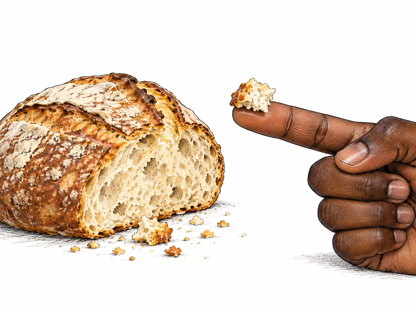 One small bite-sized piece of bread rests on a fingertip beside the much larger loaf it came from.