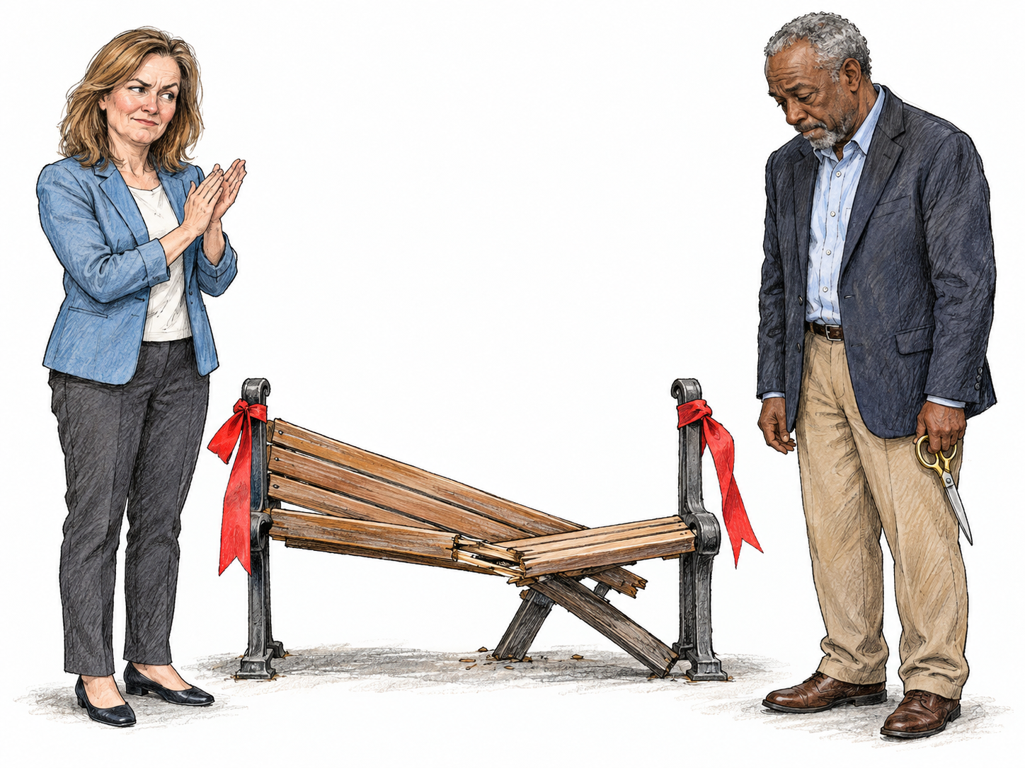 A woman gives pointed, joyless applause at the ceremonial unveiling of a bench that has collapsed beneath its still-attached ribbon.
