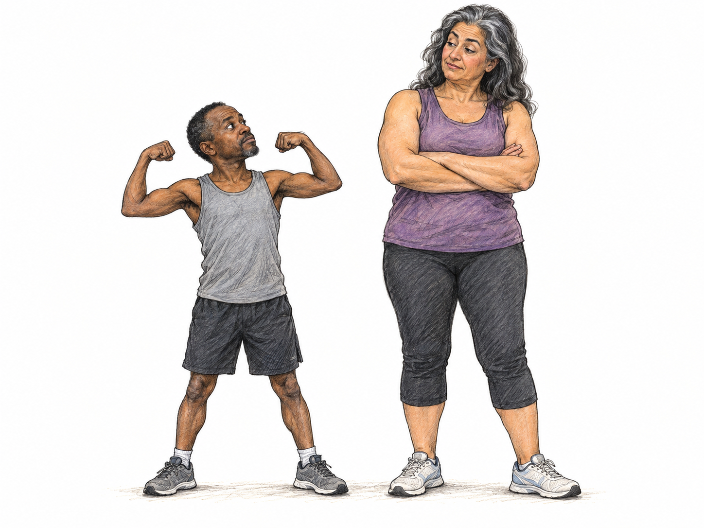 A very short, slight adult man makes an exaggerated muscle-flexing pose beside a much taller, sturdily built older woman whose skeptical downward glance makes his attempt to look imposing fall flat.