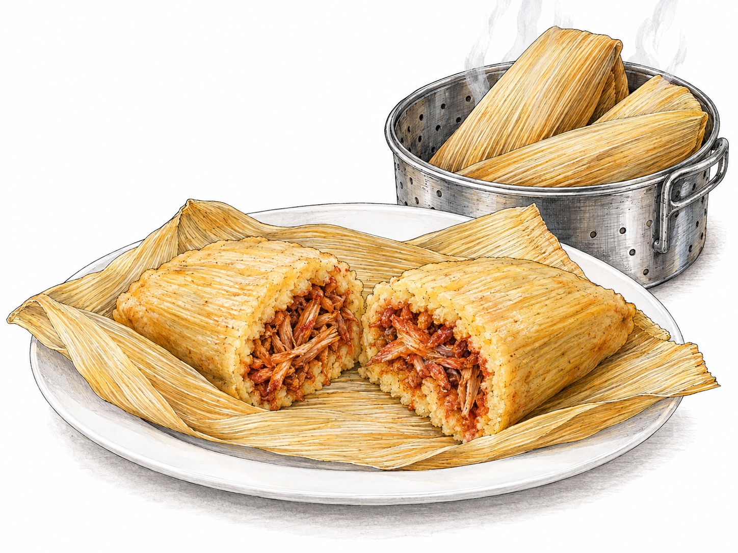 A corn-husk tamale opened and cut across to reveal seasoned filling enclosed in corn dough, with a small steaming basket of wrapped tamales behind it.