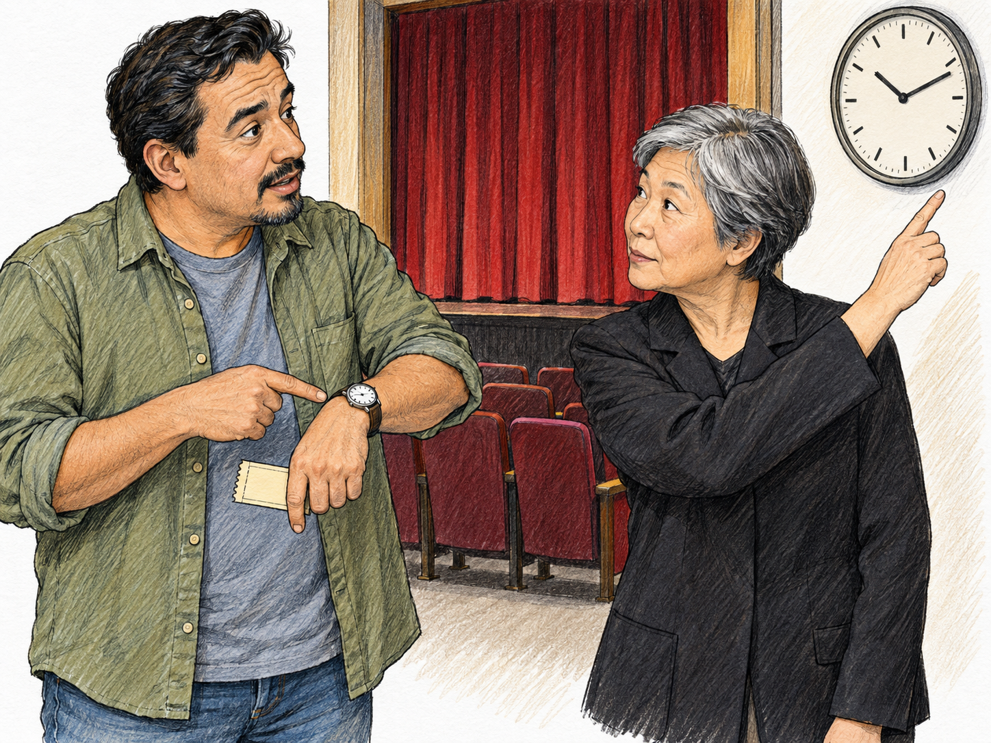 A theatergoer asks when the performance starts: holding a ticket beside a closed stage curtain, he points to his wristwatch with a questioning expression while an usher indicates the wall clock.