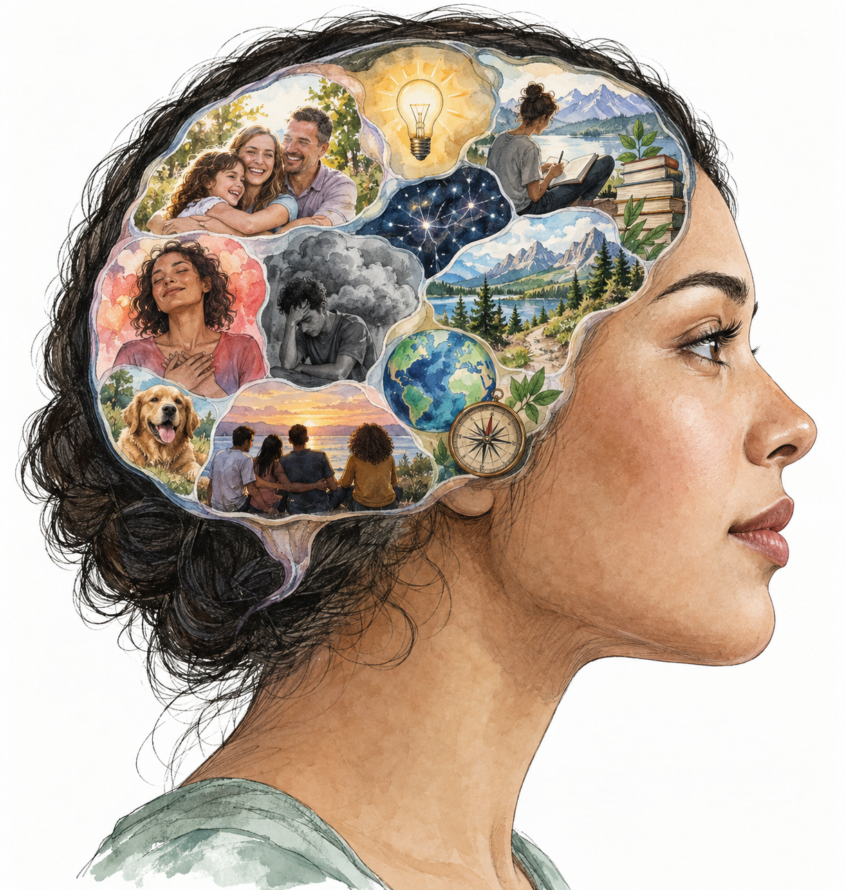 Human head profile containing small coherent images of memories, ideas and emotions, conceptual depiction of mind.