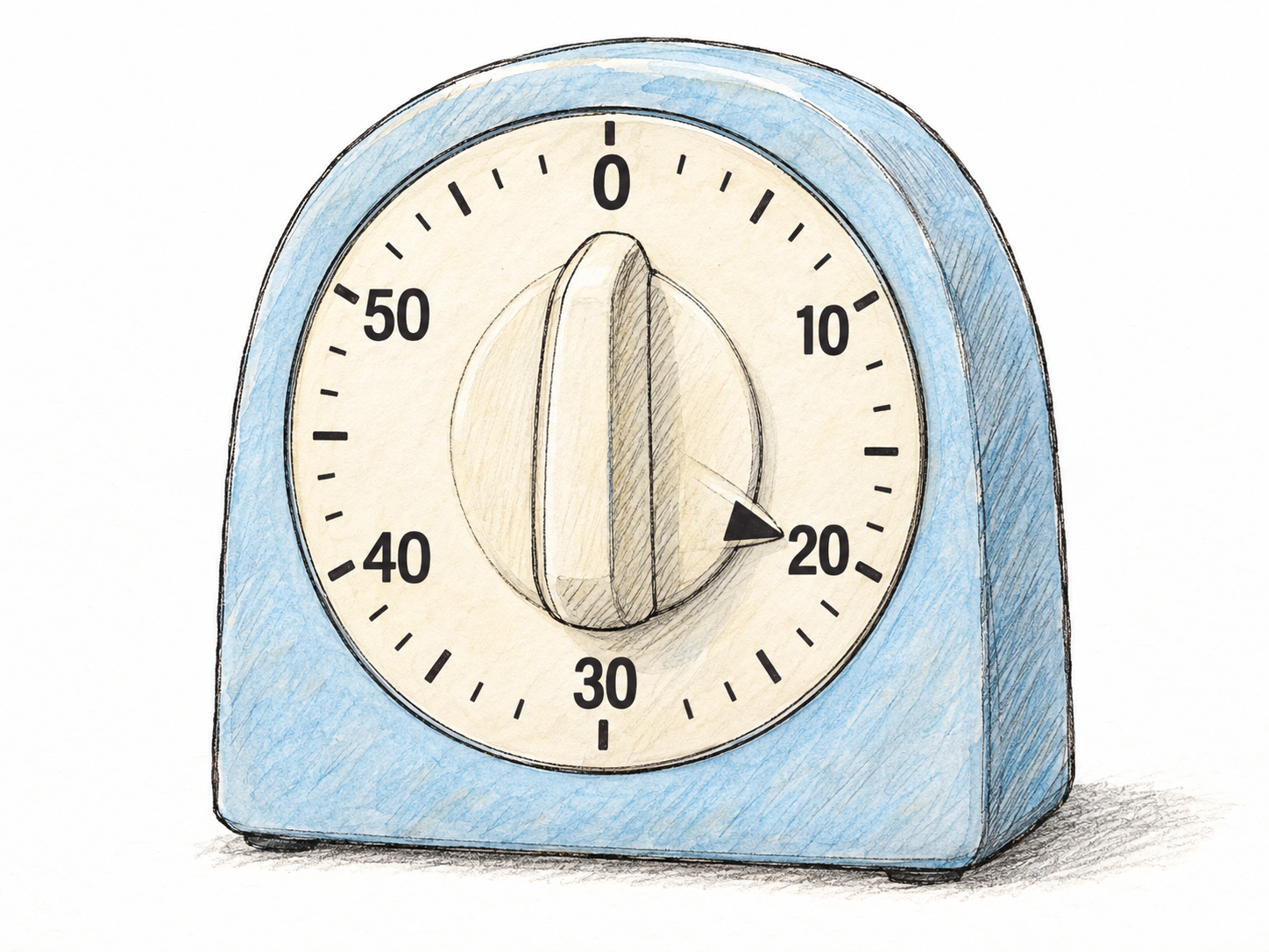 Close-up of a simple kitchen timer with a large numbered circular dial and a central turning knob whose pointer aligns with one of the numbered settings.