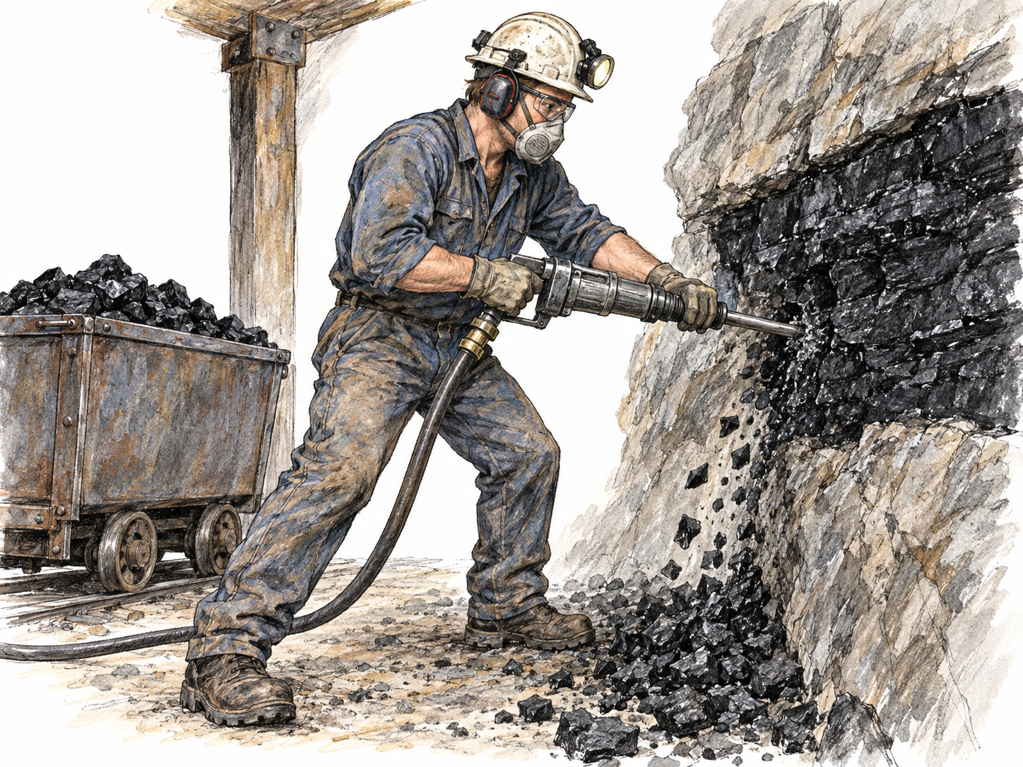 A miner operates a handheld pneumatic pick against an exposed coal seam underground, with freshly broken coal falling into a low mine cart beside him.