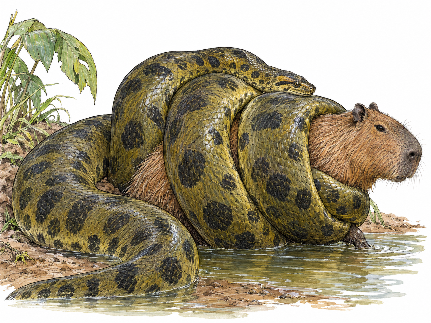 A massive green anaconda constricts a capybara at a tropical riverbank, its thick spotted coils visibly encircling the animal’s torso.