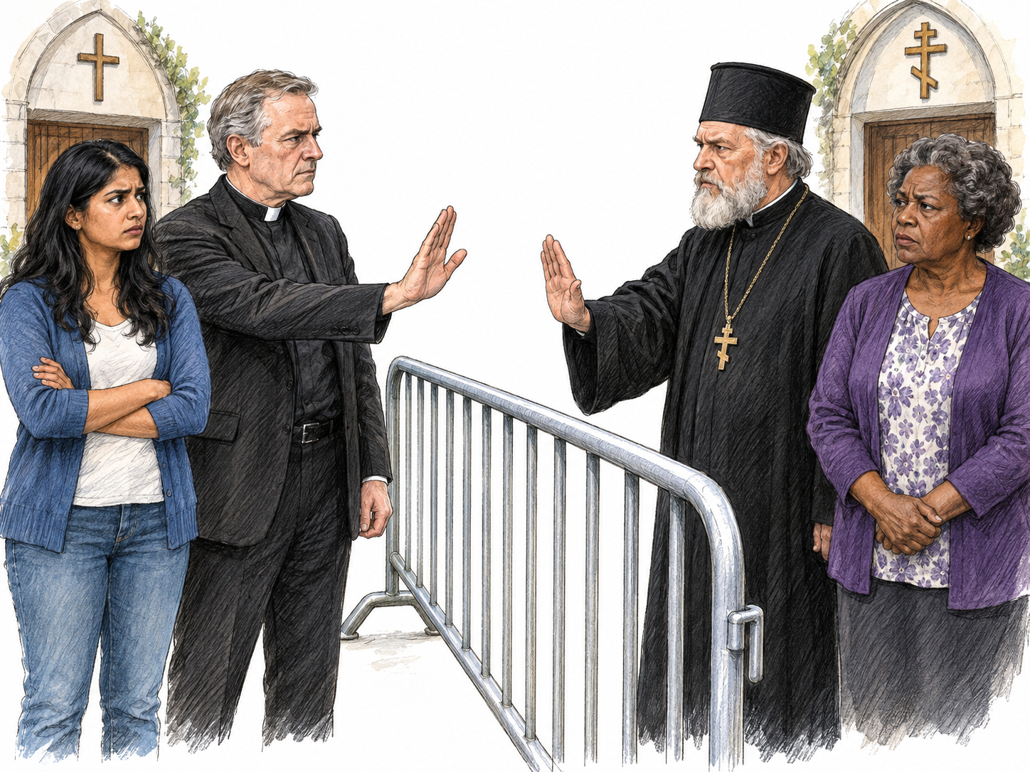 A tense division between two Christian congregations across a street barrier, with distinct clergy and church crosses establishing religious groups rather than an ordinary political vote.
