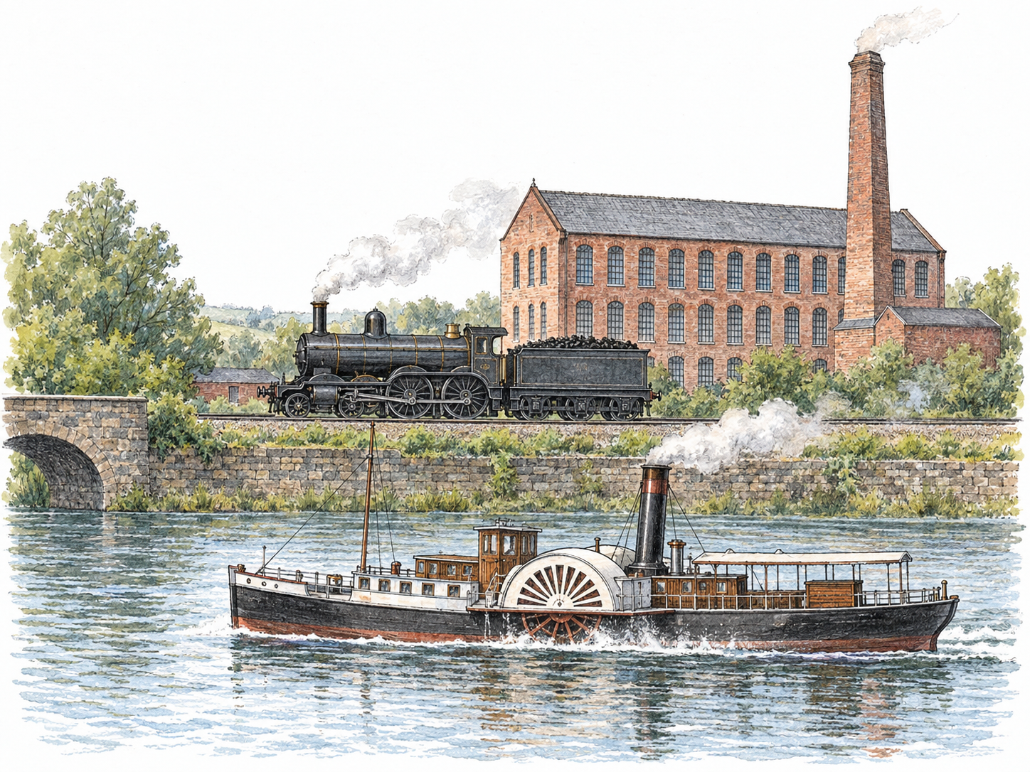 The steam era represented by one coherent nineteenth-century riverside scene: a steam locomotive passes a brick textile mill while a paddle steamer travels on the adjacent river.