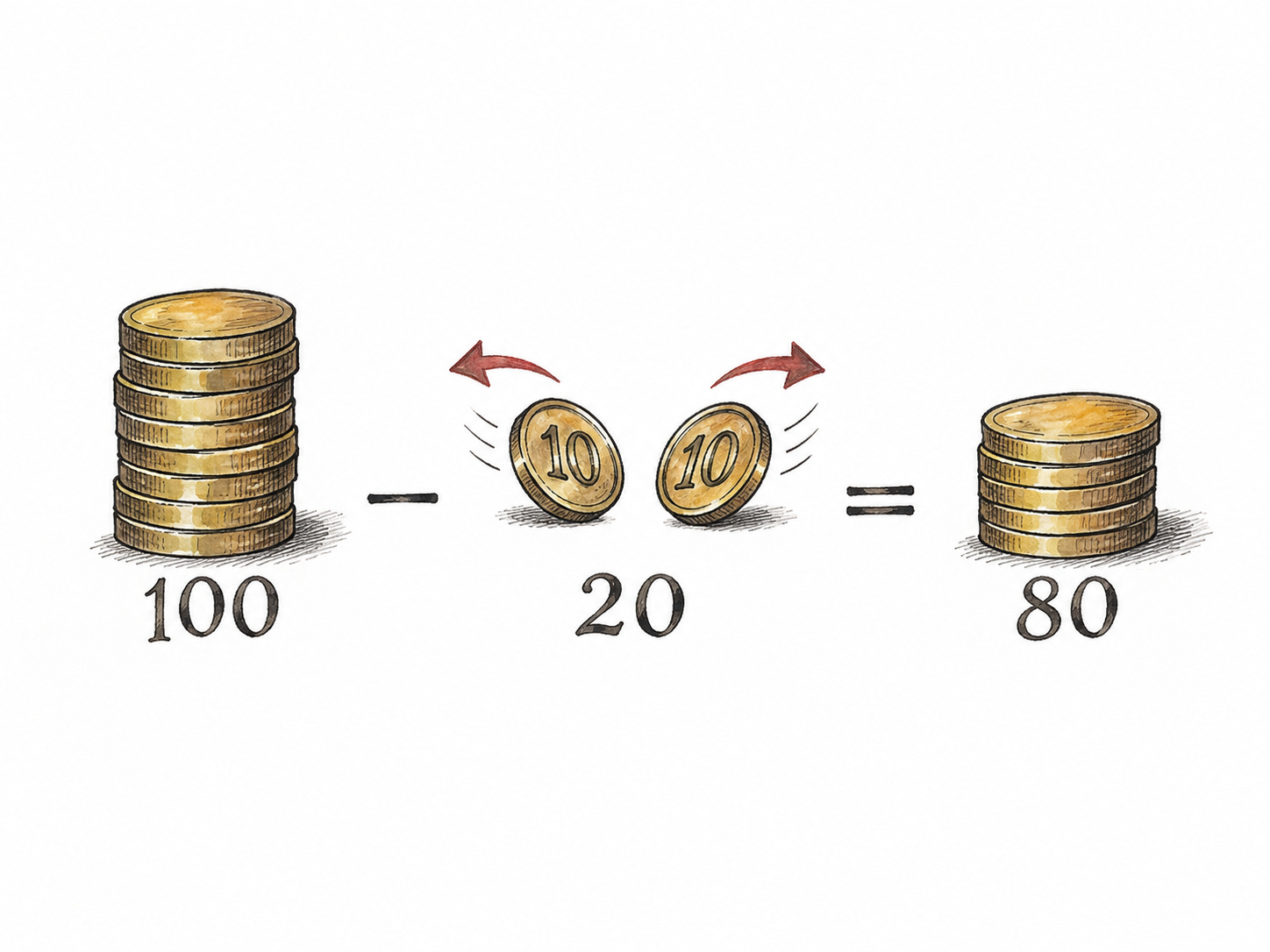 Simple account ledger line shows ONLY '100 − 20 = 80', with20 represented by two10-value neutral coins moving outward; arithmetic debit clear, no currency logos.