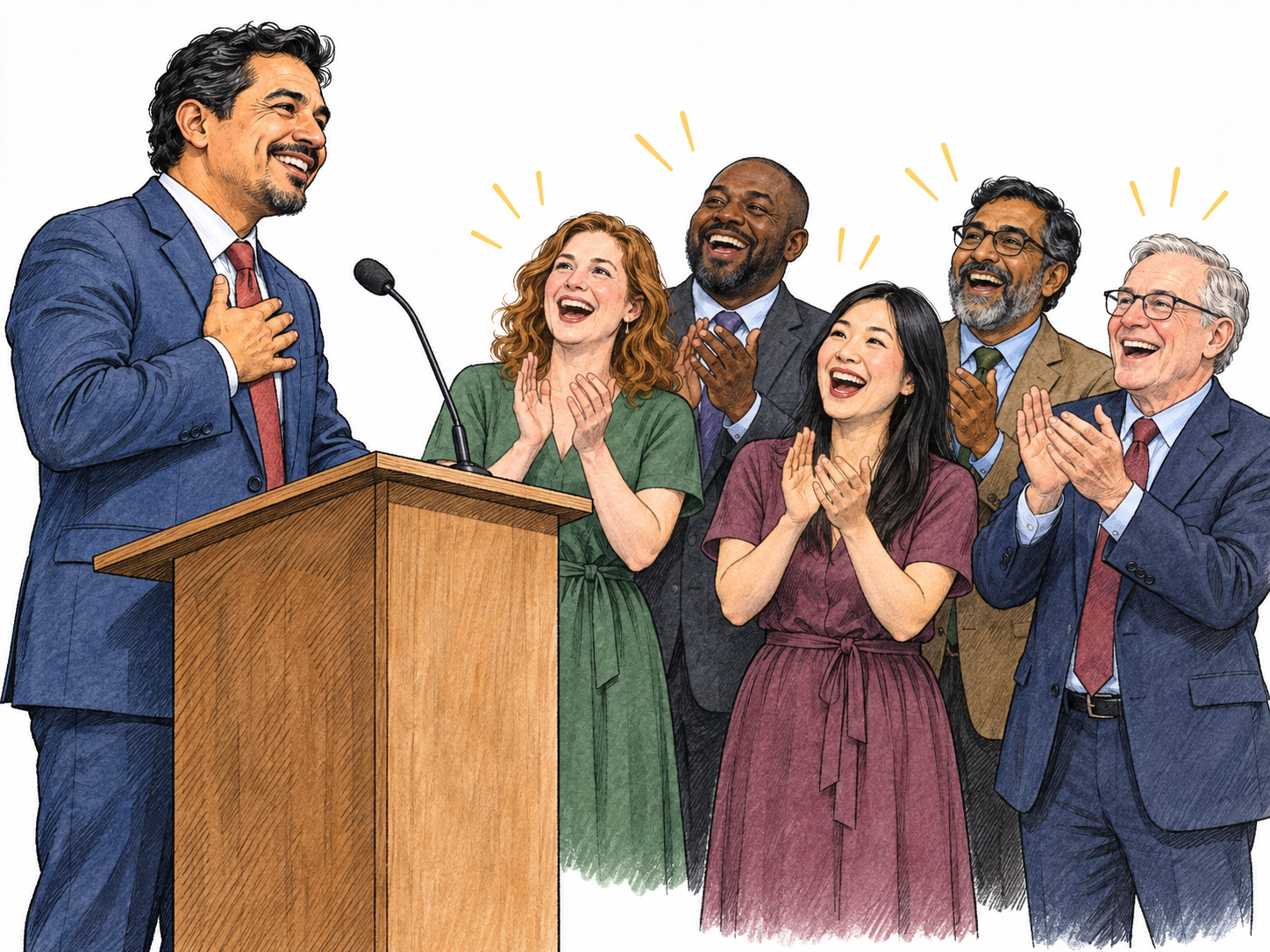 A speaker receives enthusiastic applause and cheers from exactly five adult listeners; visible clapping and open mouths, no speech text.