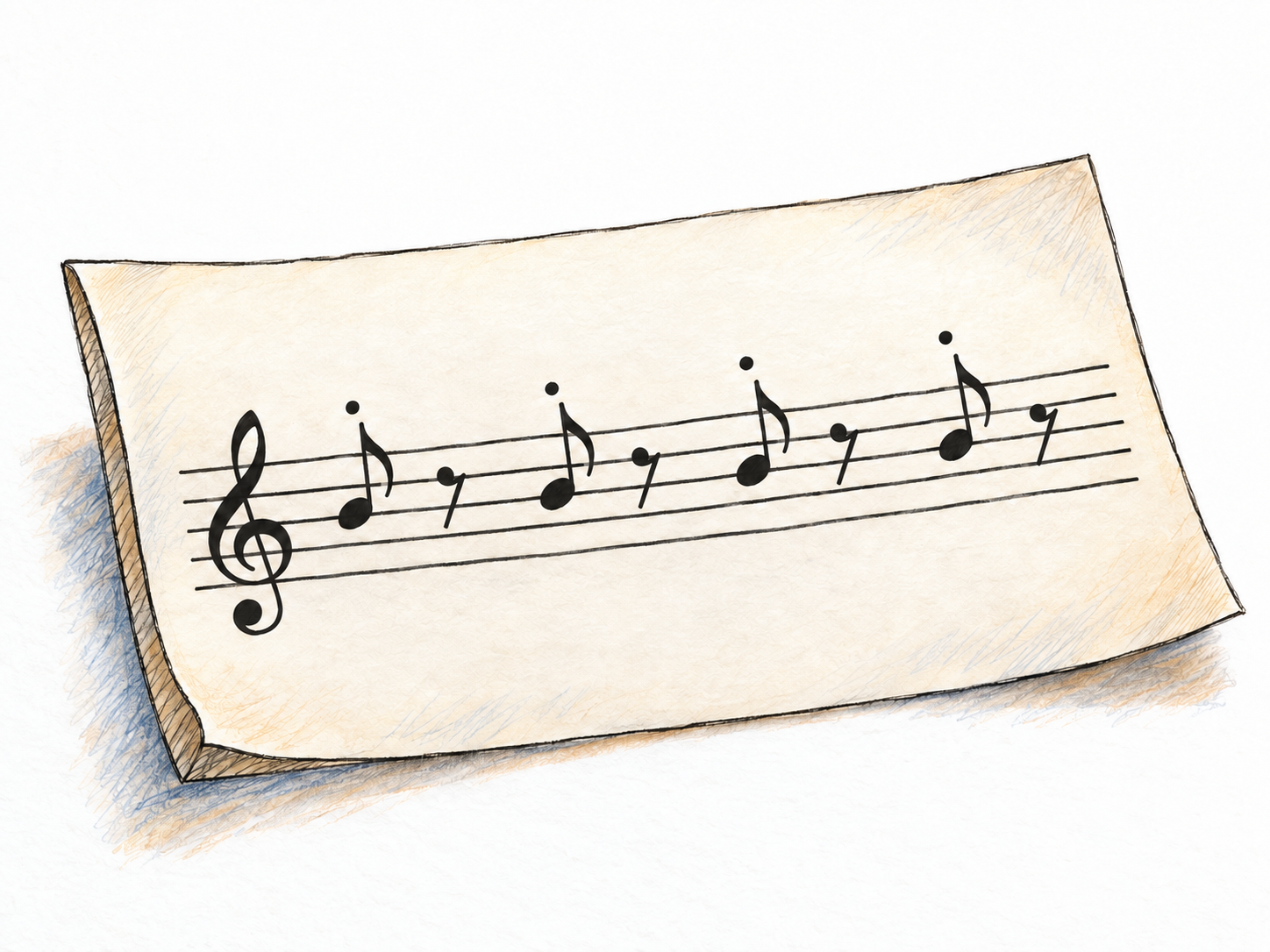 A close-up of a short passage of printed musical notation: four widely spaced eighth notes, each with a clear staccato dot directly above its notehead, alternating with eighth rests.