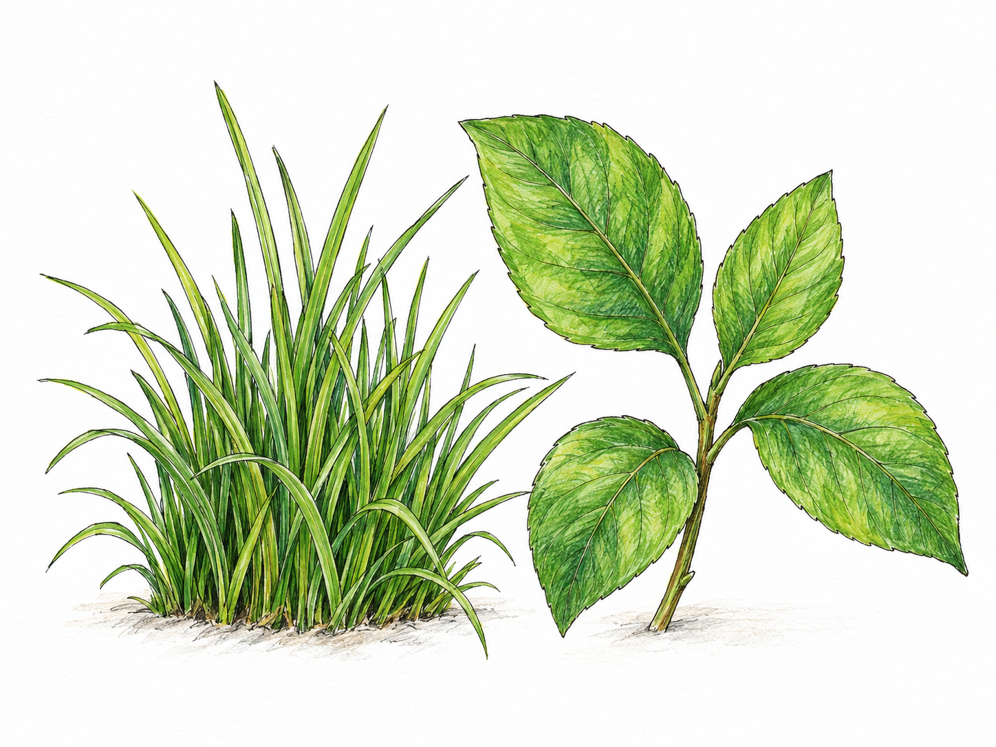 A fresh grass tuft beside a small leafy sprig, both unmistakably green, isolated on white so their shared color is the dominant cue.