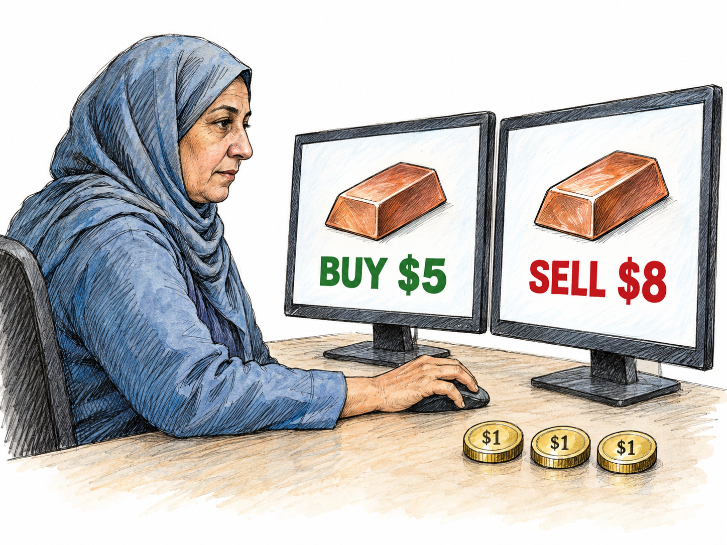 An older woman executes paired trades on two side-by-side market screens: buying one standardized copper unit for $5 in one market and selling an identical unit for $8 in another.