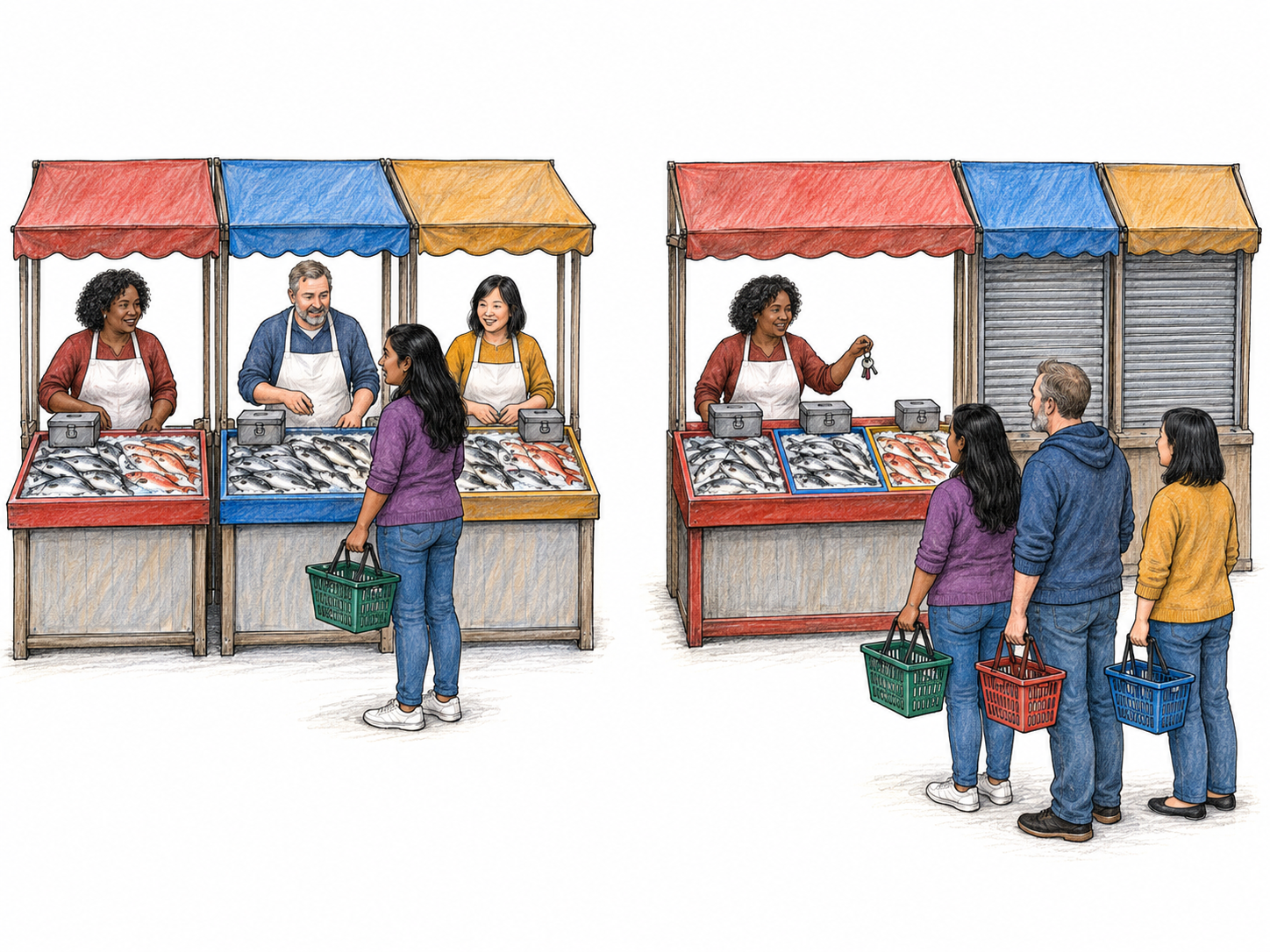 A compact before-and-after market comparison shows three independent fish stalls becoming a single seller's operation: formerly separate stocks, cash boxes, and differently colored awnings become one consolidated stock and payment point, with the other selling counters closed.