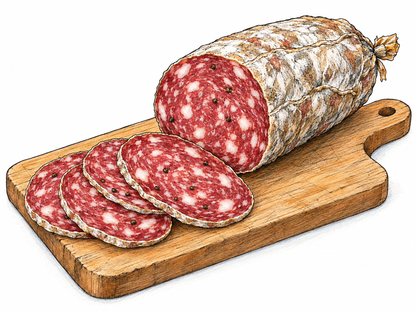 A partially sliced cured salami with overlapping thin rounds revealing its characteristic dark red meat, white fat flecks, and pepper specks.