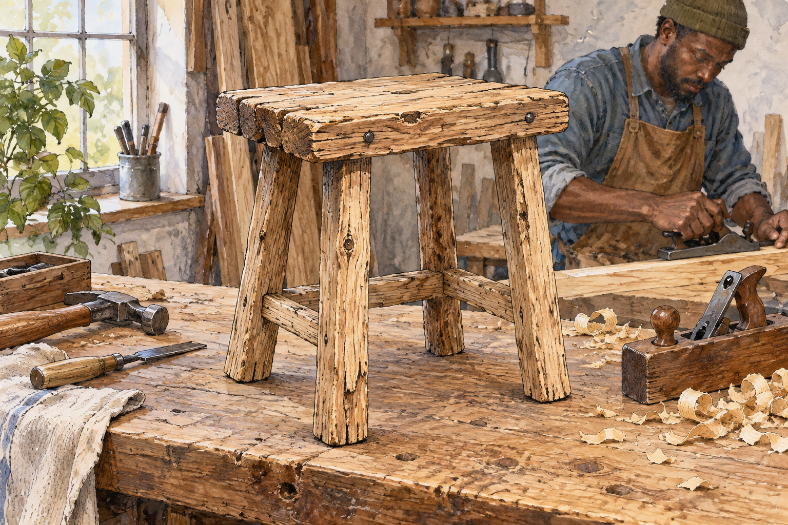A crudely made wooden stool with rough splintery surfaces, uneven joints and unpolished legs on a workbench, safe unused object.