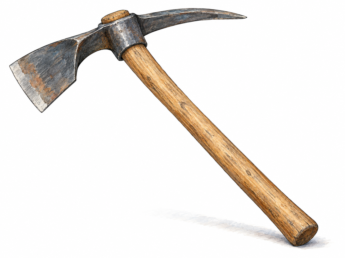 A single pick mattock shown in three-quarter view, with its broad transverse digging blade and opposite pointed pick clearly separated and its long wooden handle fully visible.