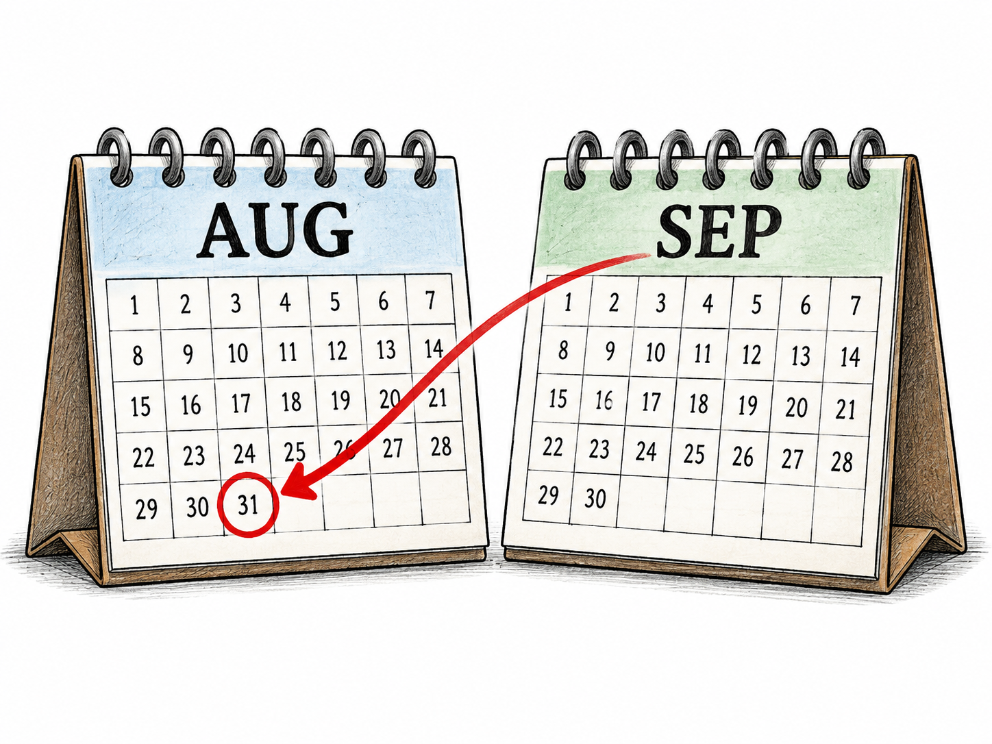 Two adjacent desk calendar pages display only AUG and SEP; an arrow from SEP points back to a circled date on AUG, clearly the previous month.