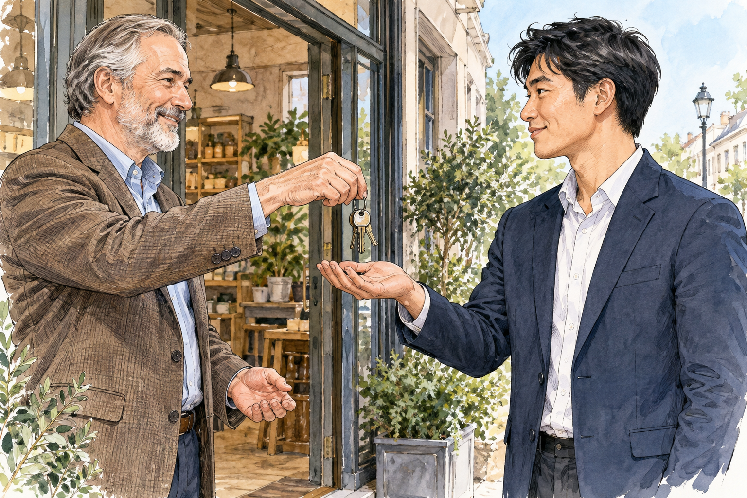 An older business owner willingly hands a key ring to a younger successor, releasing control with open hands, calm mutually respectful scene.