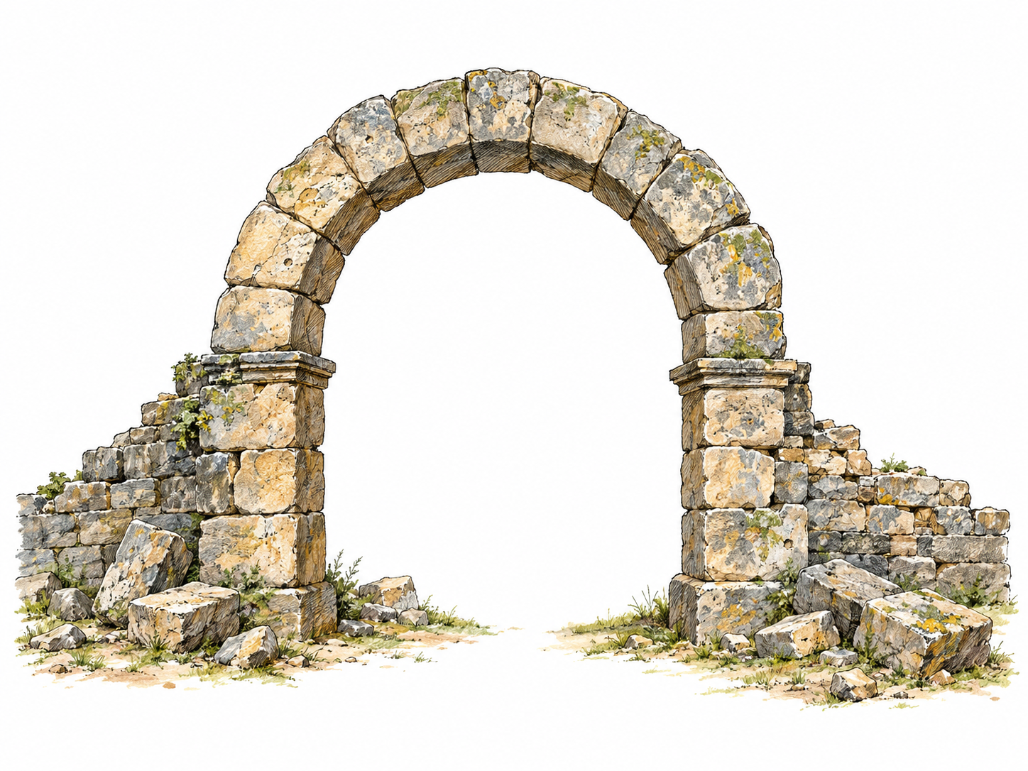 A weathered ancient stone arch still stands intact amid the low, collapsed remains of the walls once connected to it, making survival over a long time visible.