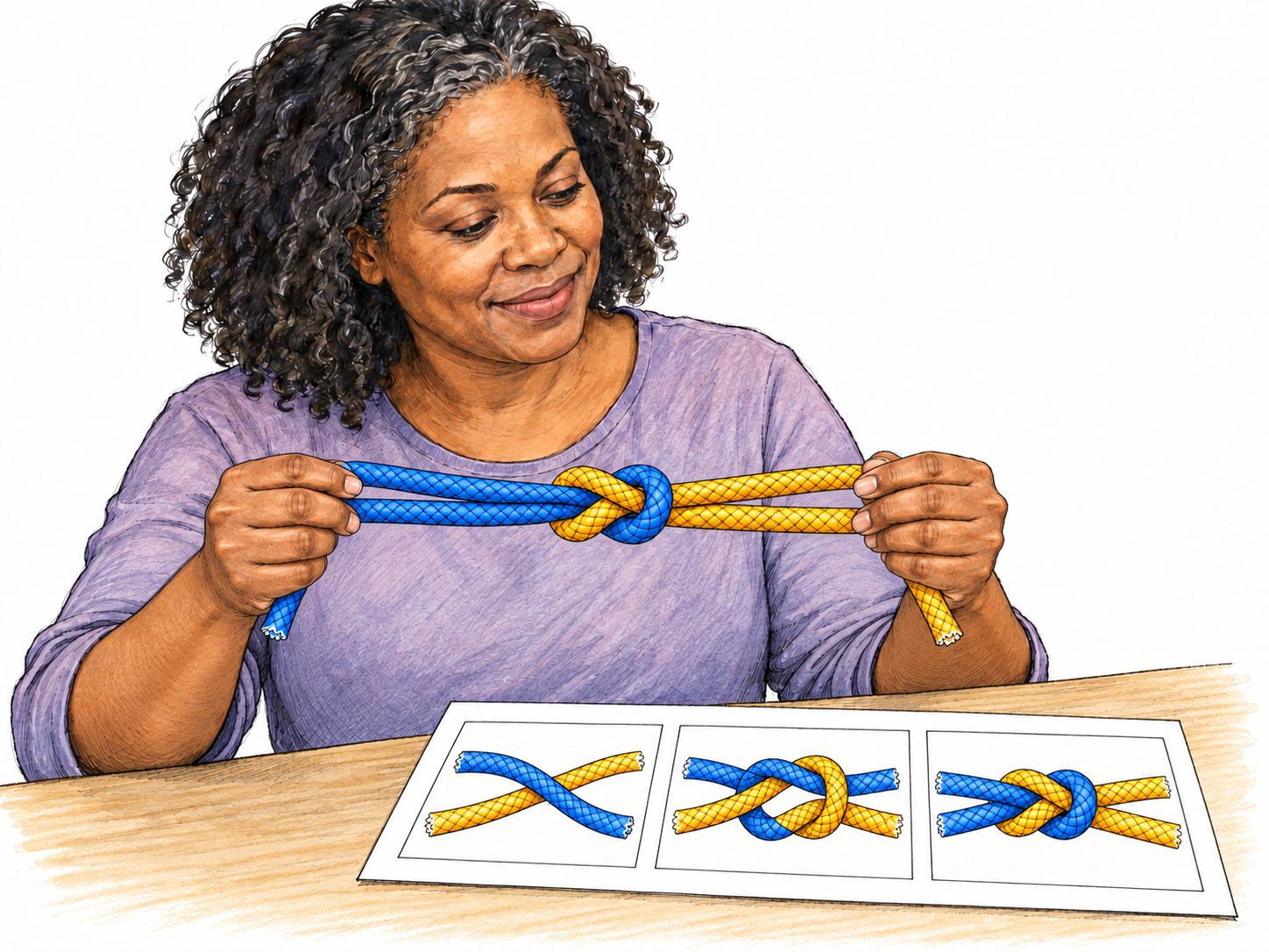 Acquired practical skill made visible: a woman successfully reproduces a rope knot from a simple illustrated instruction card, comparing her correctly finished knot with the matching diagram.