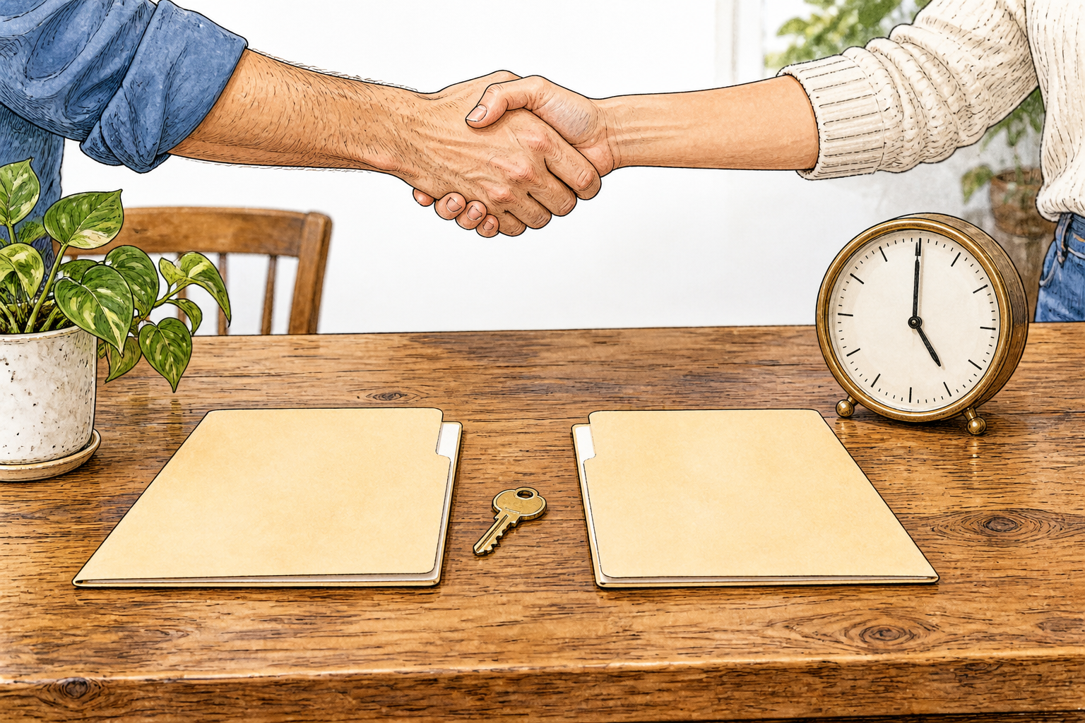 An agreement represented by two matching plain folders with a small key placed beside a clock showing agreed return time, specific condition emphasized, no captions.