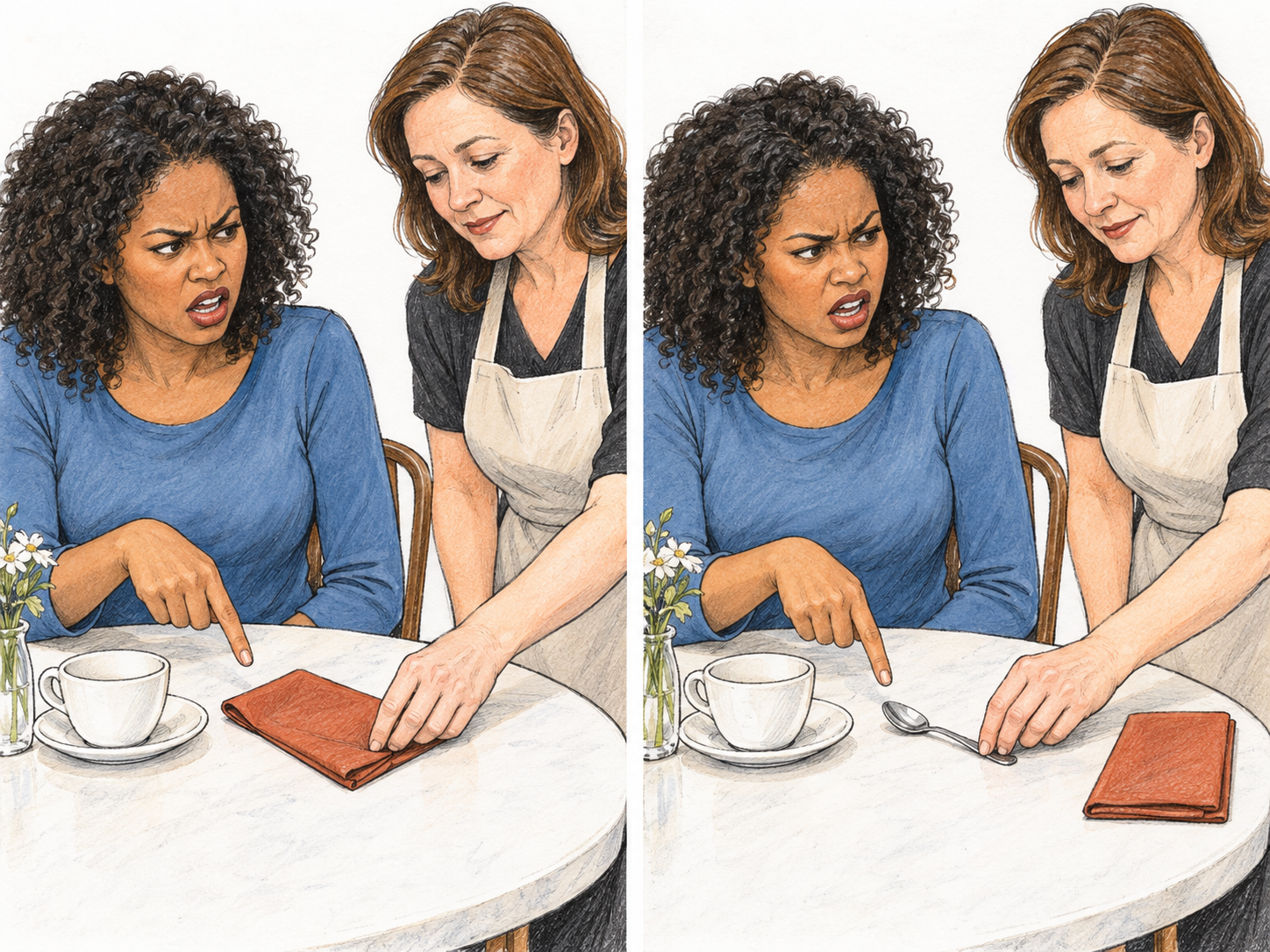 A diner repeatedly fusses over harmless table-setting details: first a slightly crooked napkin, then the position of a teaspoon, while the server patiently adjusts them.