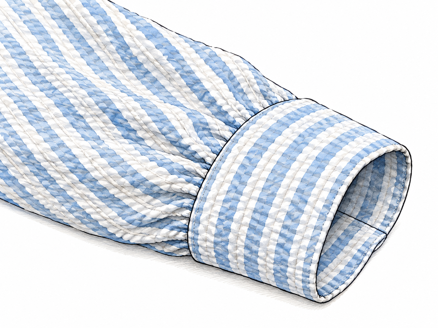 Close textile study of lightweight seersucker cotton: alternating smooth and distinctly puckered narrow pale-blue/white stripes, a folded sleeve edge for clothing context.