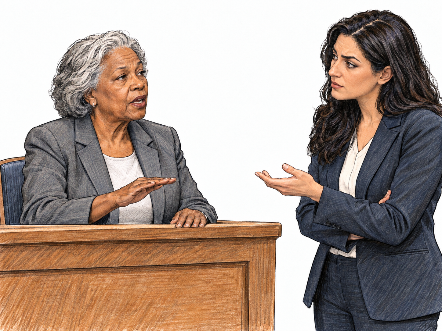 A witness confidently maintains her statement under skeptical questioning: she leans slightly forward, speaks with a firm, composed expression, and emphasizes her words with one controlled hand gesture while the attorney visibly questions her.