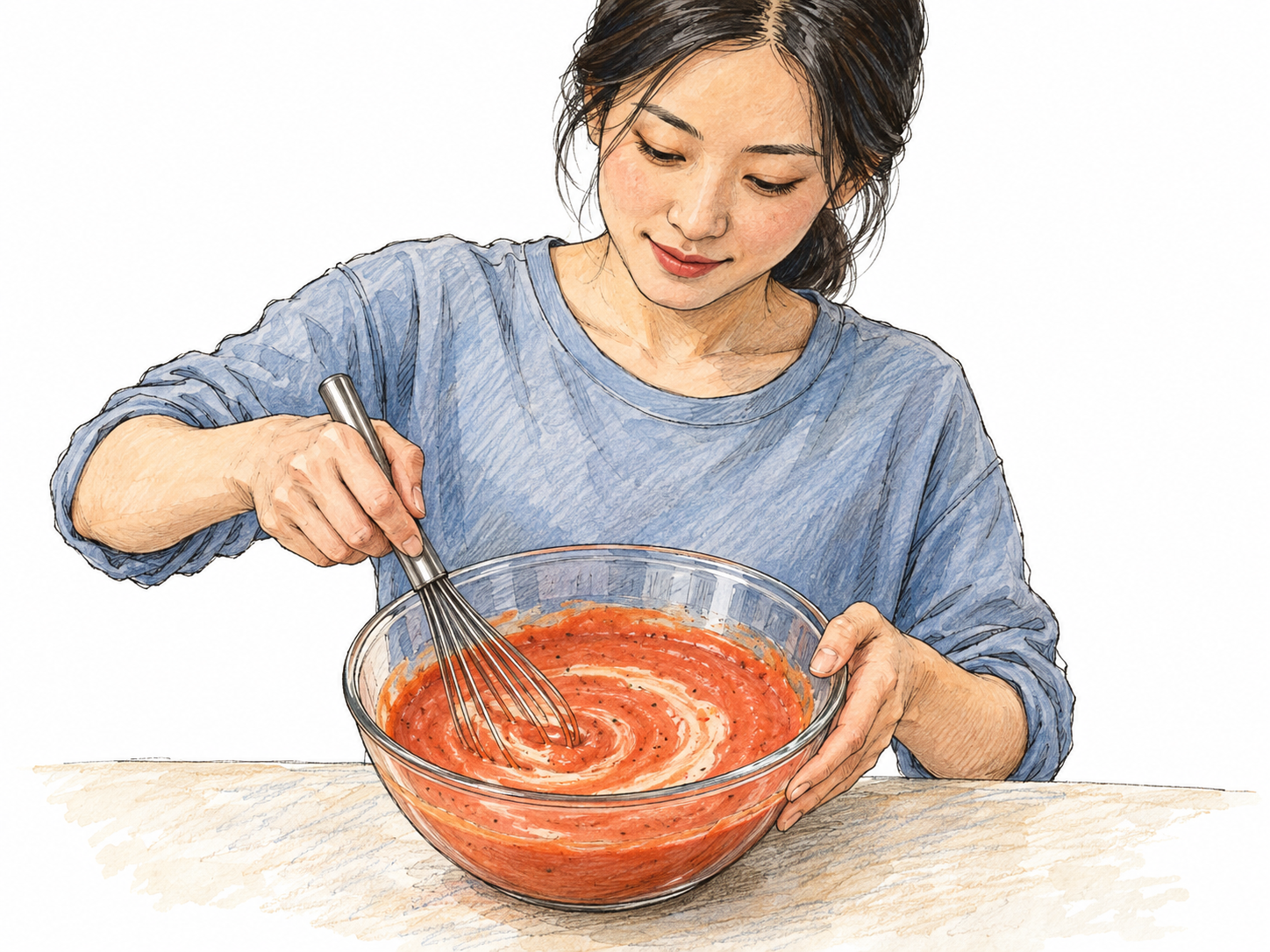 A young adult East Asian woman whisks cream into a red tomato mixture in a clear bowl, with contrasting streaks merging into a smooth, uniform coral-colored mixture.