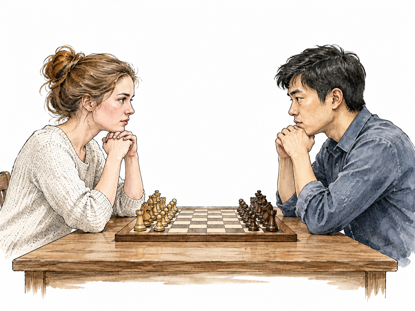 A white woman and East Asian man face each other across a chessboard before a match.