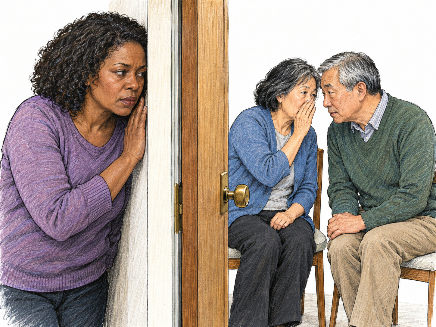 A concealed listener leans her ear toward a slightly open door while two people inside lean together in private conversation, unaware of her.