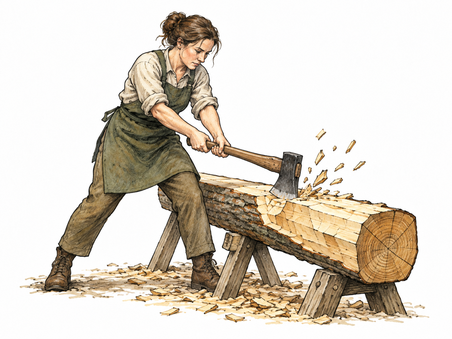 A worker uses heavy axe strokes to shape a log into a beam, clear fresh facets and wood chips, both hands securely grip haft.