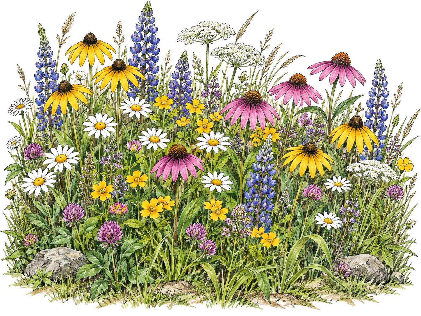 A small patch of meadow is densely populated with many natural wildflowers, showing that flowers abound; isolated botanical ground patch.