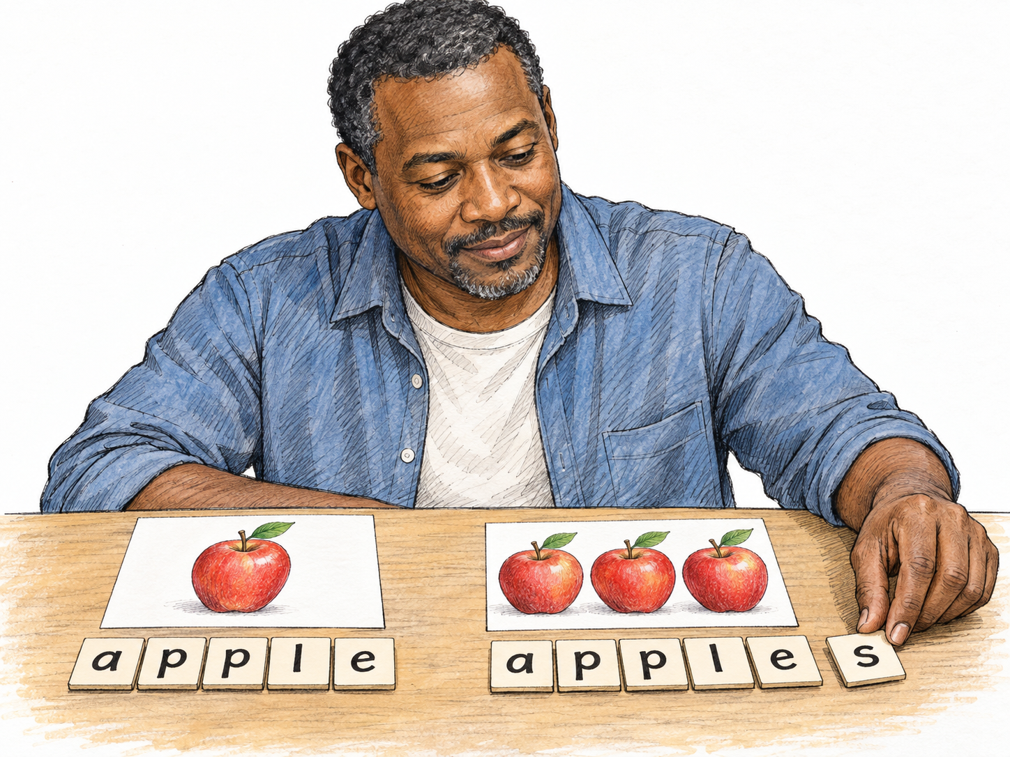 A man adds an s tile to apple beneath a picture of three apples, while a matching picture of one apple retains the unchanged word apple.