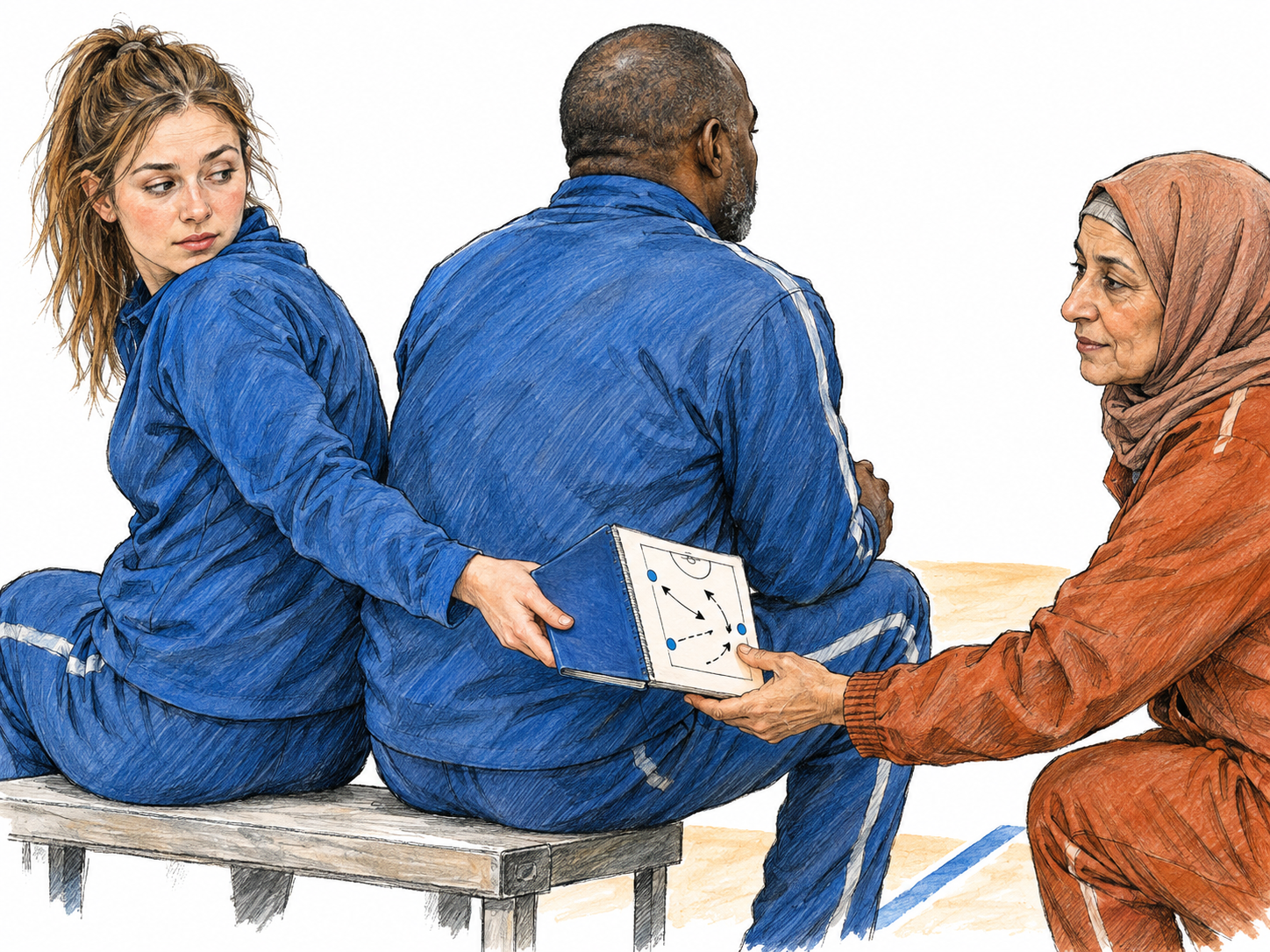 A team member secretly hands her team's tactical notebook to a rival behind the back of an unsuspecting teammate, illustrating betrayal of group trust.