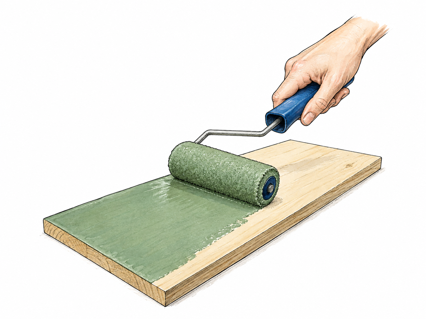 Foam roller applicator lays one smooth strip of paint on a board, clean physical contact.