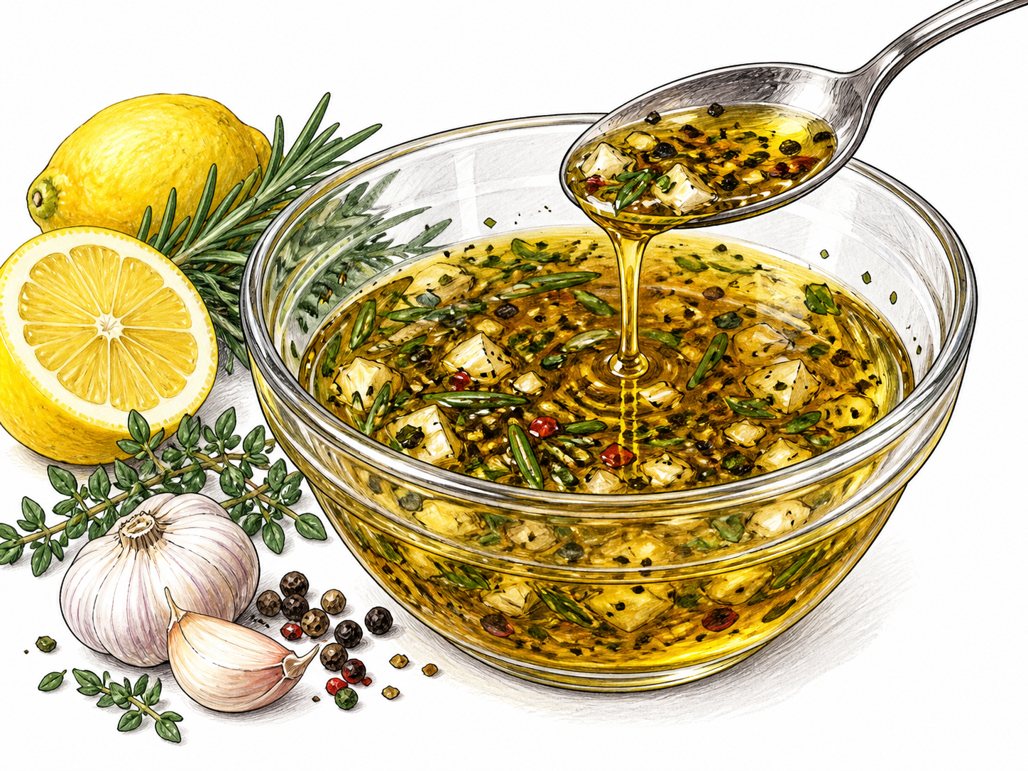 Close bowl of amber seasoned marinade with visible garlic, herbs, pepper and lemon beside it; spoon lifting liquid, no solid meal obscuring the liquid.