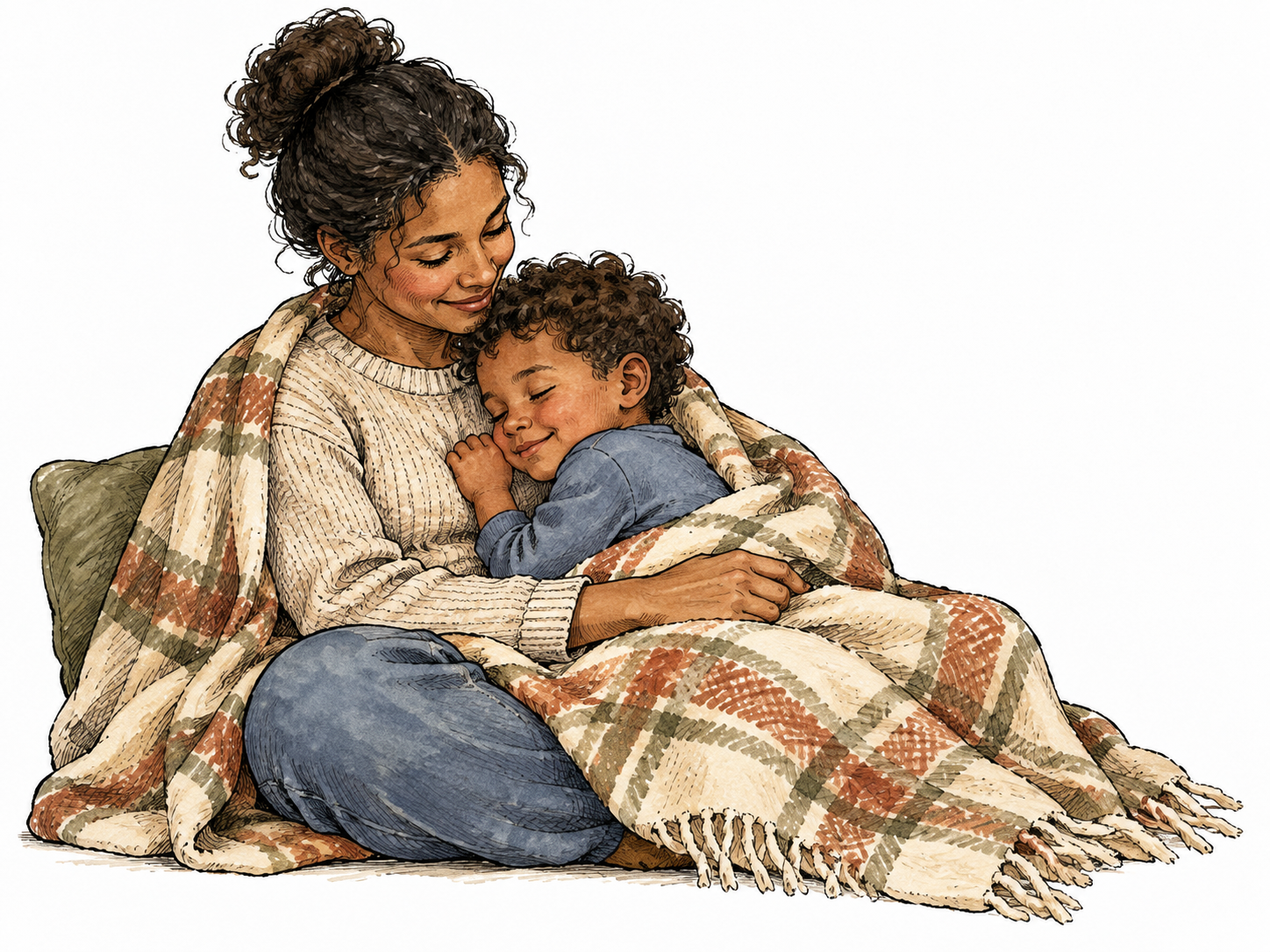 A brown-skinned young child nestles comfortably against a seated parent under a blanket.