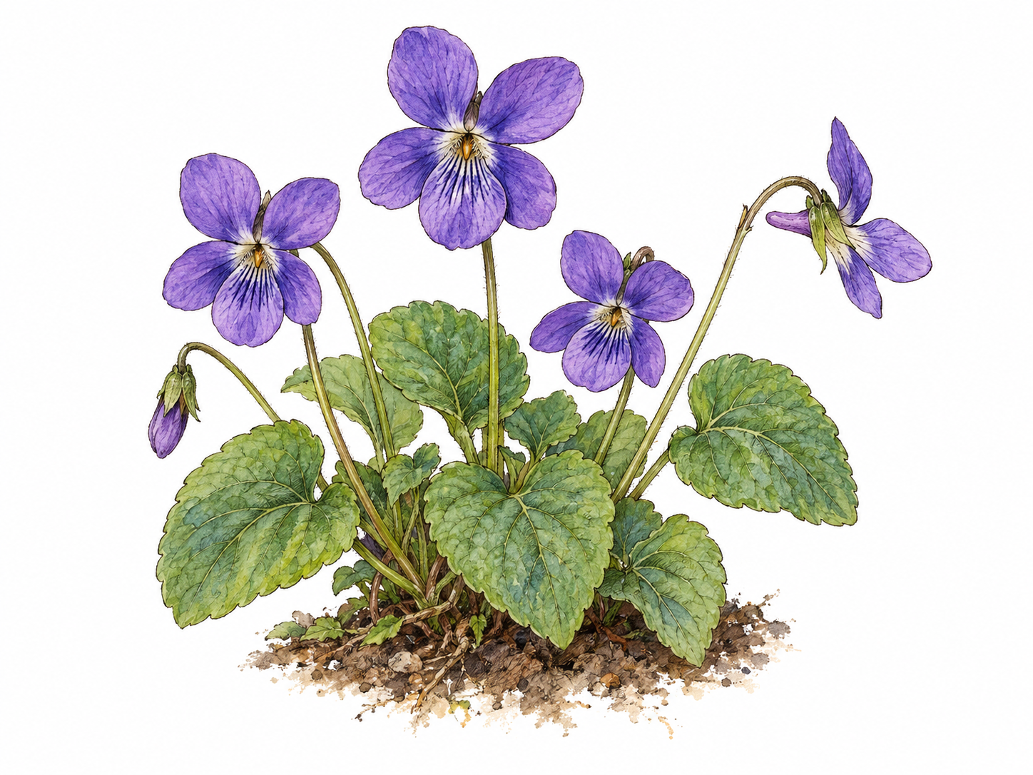 A single small violet plant growing in a modest patch of soil, with heart-shaped leaves and recognizable purple five-petaled flowers.