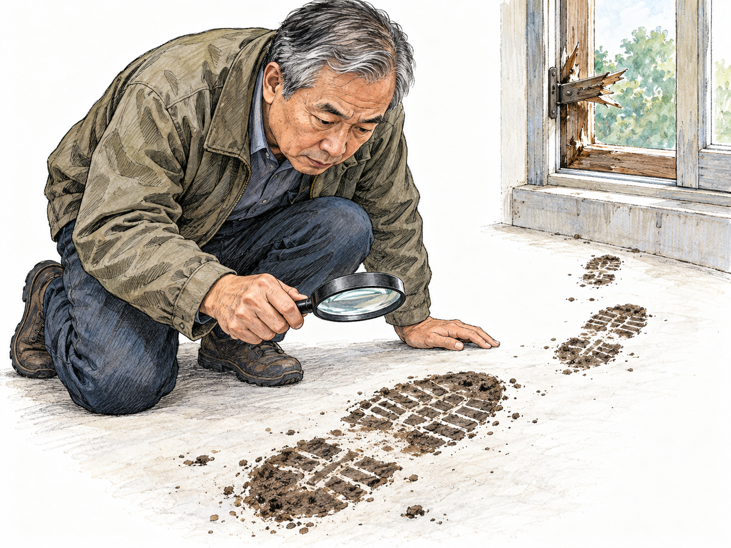 An investigator examines a muddy shoeprint beside a forced-open window; matching prints lead away from the window, making the trace visibly useful in reconstructing an intrusion.