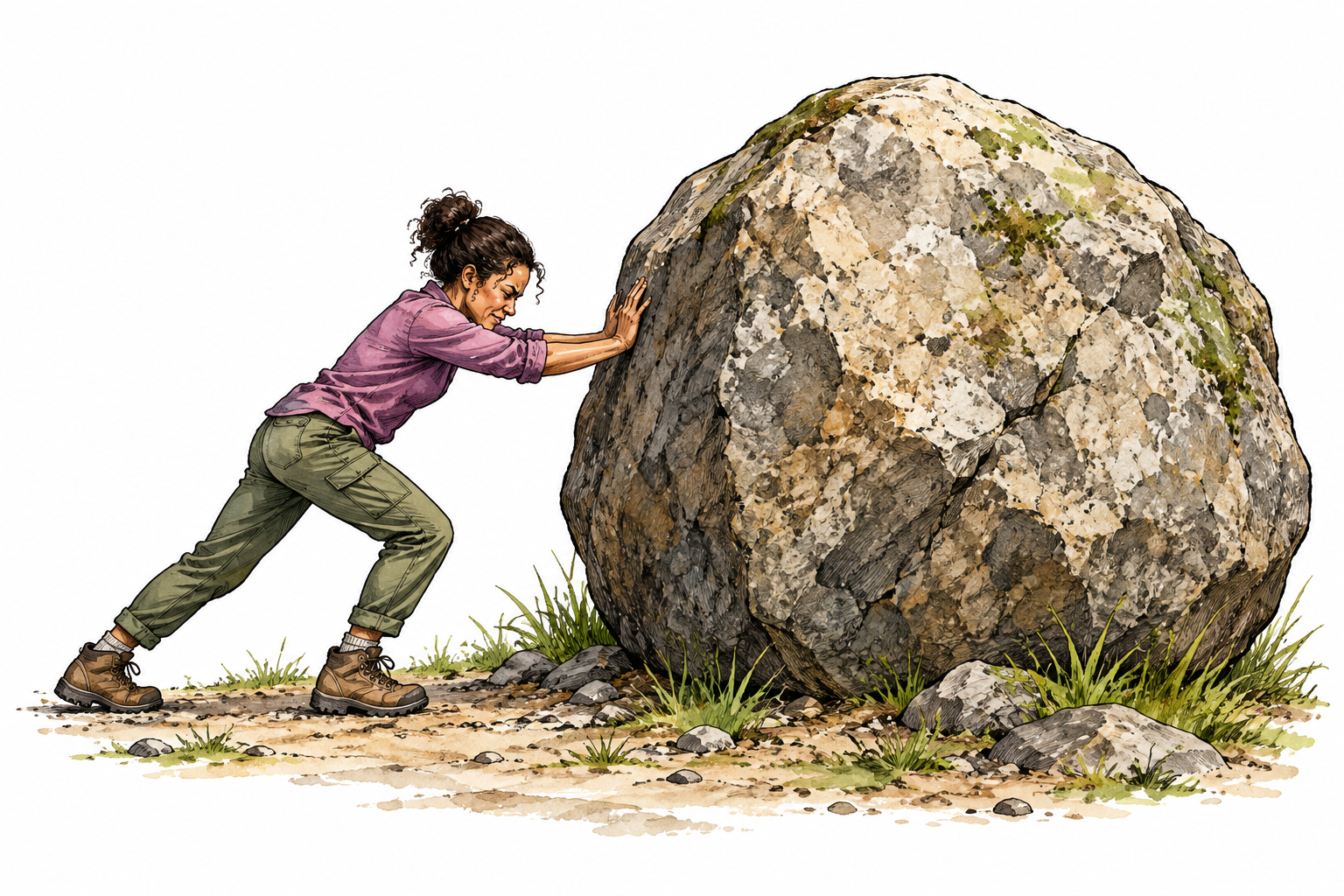 A massive fixed boulder resists a person's cautious attempt to push it, no unsafe lifting.