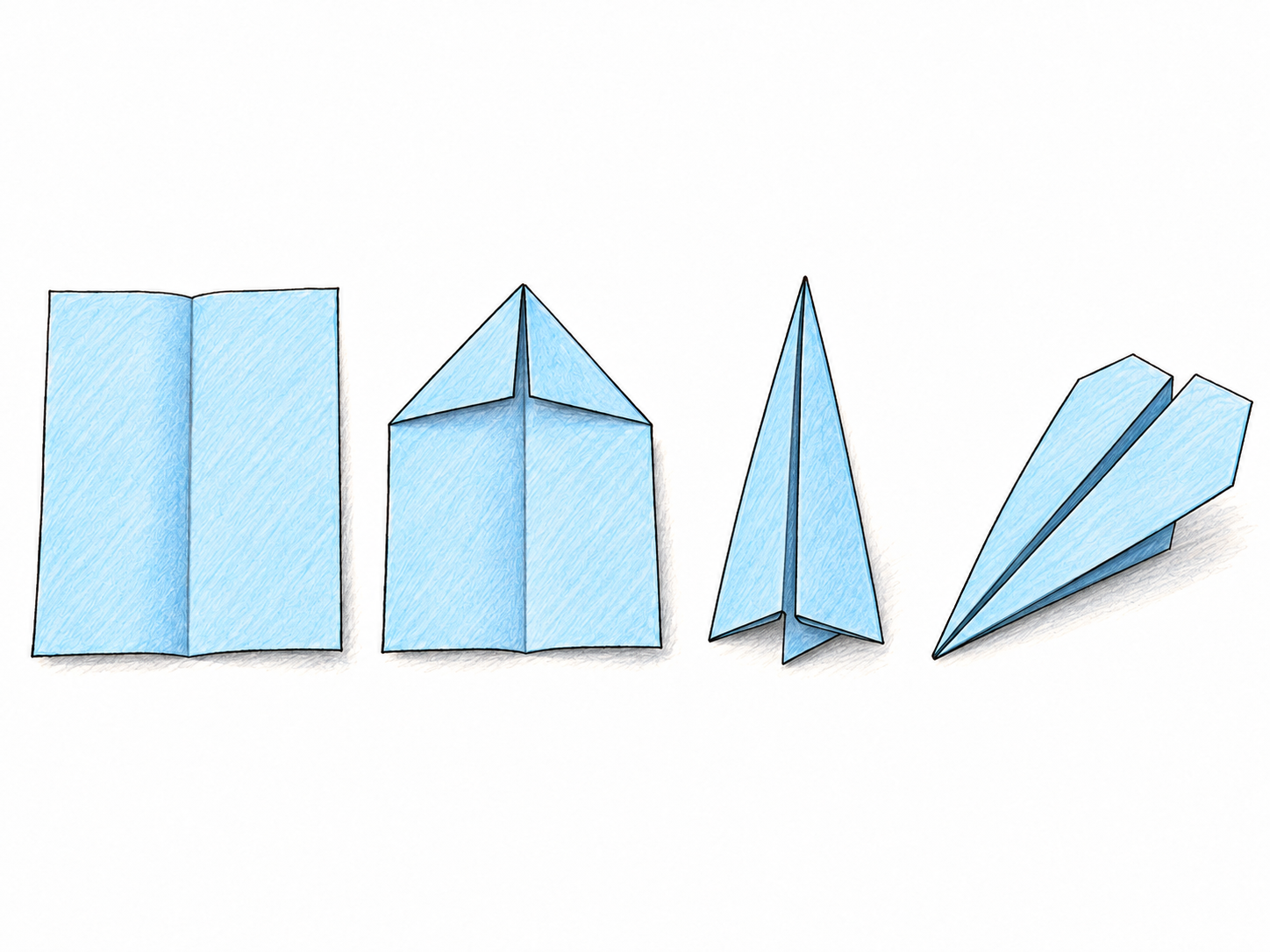A clear left-to-right sequence of paper-folding stages demonstrates a repeatable method for making a paper airplane.