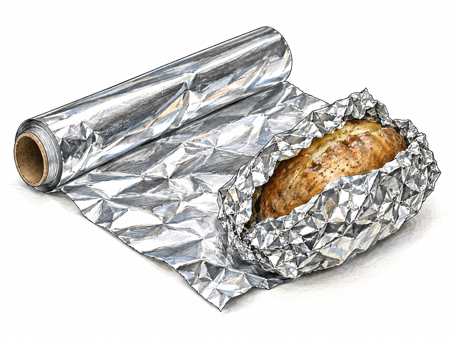 Roll of thin aluminum foil partly unrolled with crinkled reflective sheet wrapping one baked potato, crisp metallic ink highlights and natural color, no packaging text.