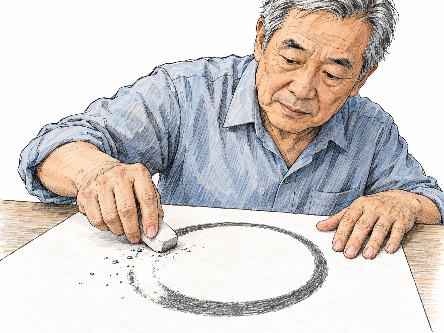 An older man erases a large pencil-drawn circle from paper.