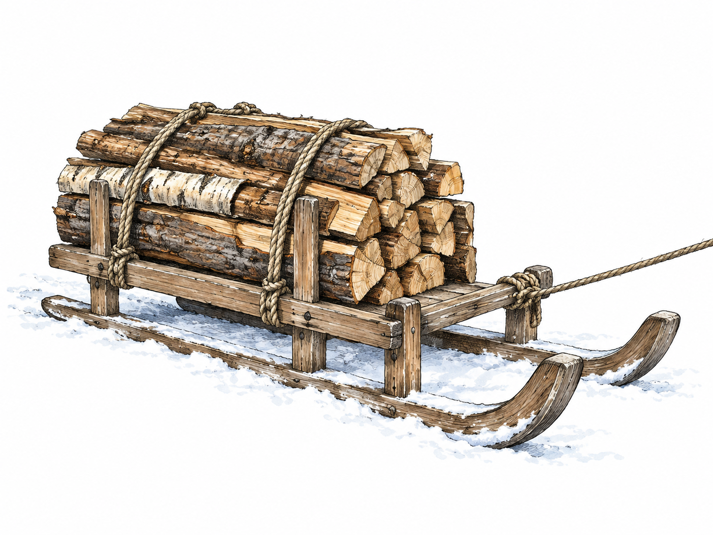 A robust low wooden freight sledge on two long runners carries a tied bundle of firewood across snow; a plain tow rope extends forward, no wheels or horse.