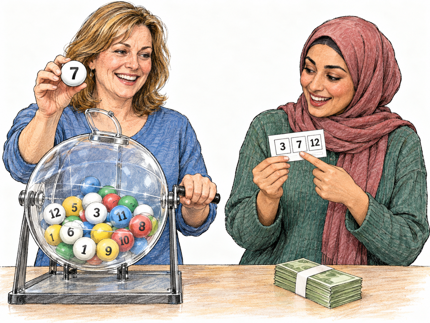 A lottery draw in progress: a host displays a numbered ball drawn from a transparent drum of mixed numbered balls, while a participant checks the same number on her ticket.