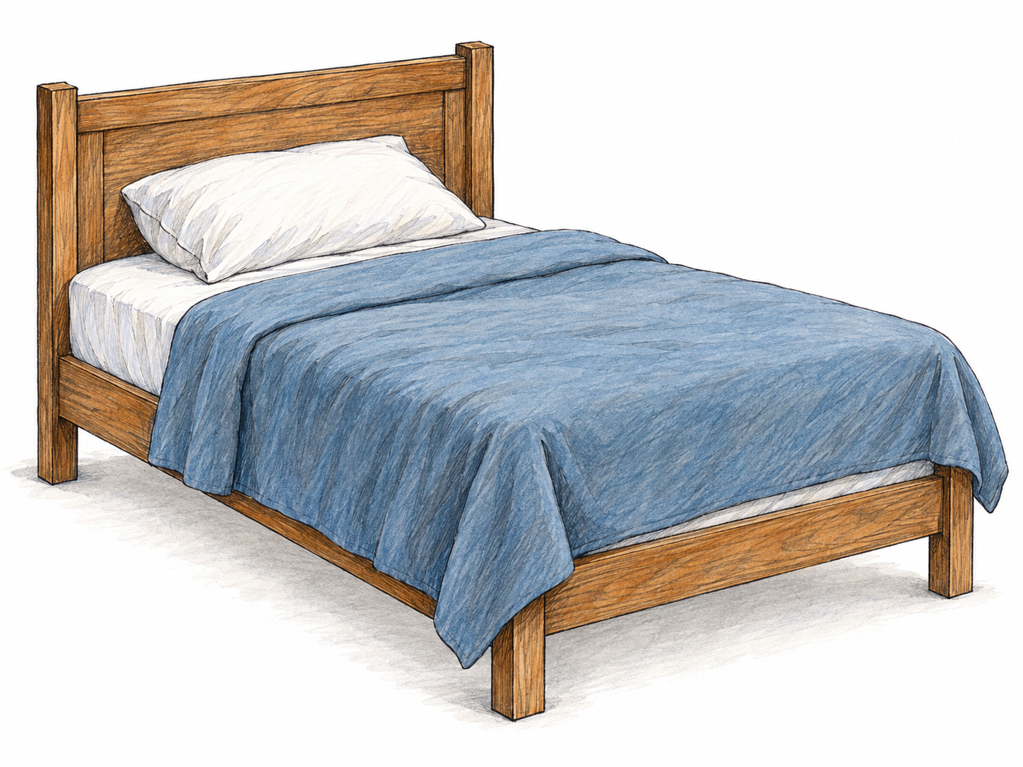 A single familiar wooden bed, shown in three-quarter view with a clearly visible mattress, pillow, and folded-back blanket.