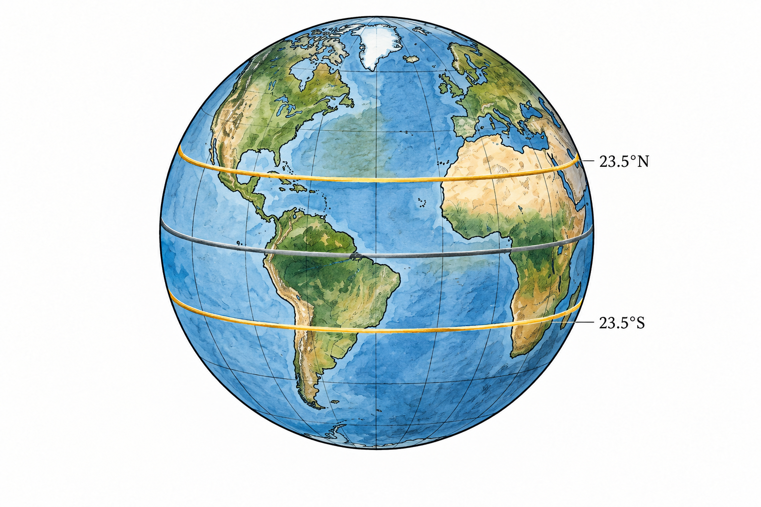 A simple accurate globe with equator and both tropic latitude lines drawn as parallel circles, both tropics highlighted subtly in gold and equator gray, only essential labels 23.5°N and 23.5°S beside corresponding lines, no other writing, curved globe geography accurate.